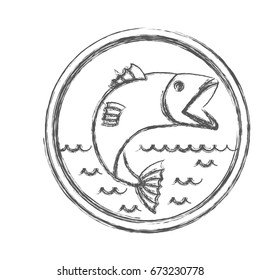 blurred sketch silhouette of circular emblem with waves of sea and open mouth trout fish vector illustration