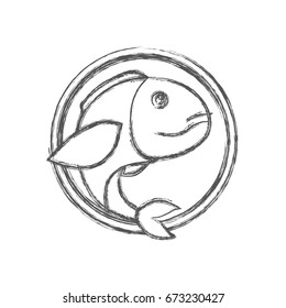blurred sketch silhouette of circular shape emblem with bass fish inside vector illustration