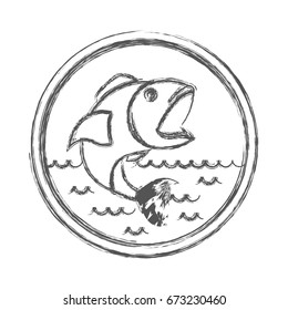 blurred sketch silhouette of circular shape emblem with open mouth fish in the river vector illustration