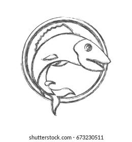 blurred sketch silhouette of circular shape emblem with trout fish vector illustration