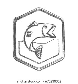 blurred sketch silhouette of diamond shape emblem with fish bigmouth in the river vector illustration