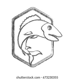 blurred sketch silhouette of diamond shape emblem with trout fish vector illustration
