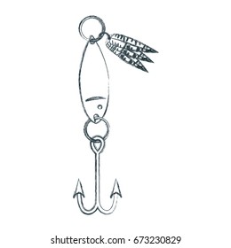 blurred sketch silhouette of fish hook with decorative feathers vector illustration