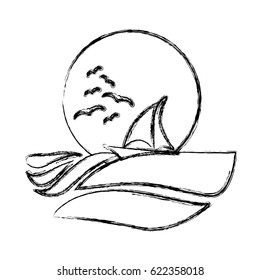 blurred sketch silhouette sunset in the ocean with boat and gulls vector illustration