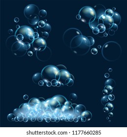 Blurred soap bubbles with rainbow reflection and glares. Realistic vector illustration.