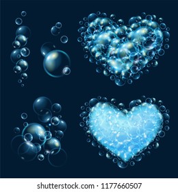 Blurred soap bubbles with rainbow reflection and glares. Realistic vector illustration.