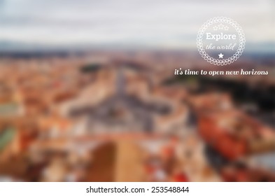 Blurred soft famous aerial view of Vatican and Rome city Italyon top of St. Peter's Basilica on a cloudy day with badge stamp