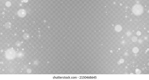 Blurred sparks, glitter snow flakes special light effect. Defocused silver dust. Fine, shiny dust particles fall off slightly. Blur sparkle lights, stars and bokeh. White sparks and flares. Vector.