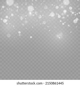 Blurred sparks, glitter snow flakes special light effect. Defocused silver dust. Fine, shiny dust particles fall off slightly. Blur sparkle lights, stars and bokeh. White sparks and flares. Vector.