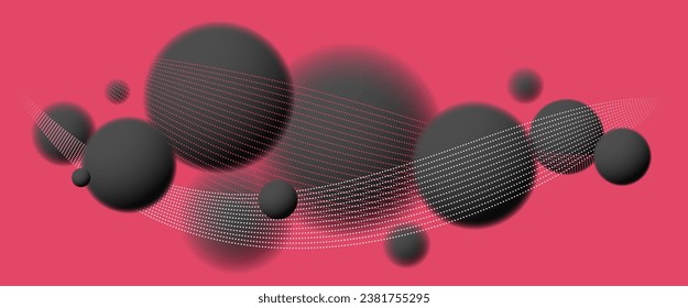 Blurred spheres over red vector abstract background, defocused balls levitating wallpaper.