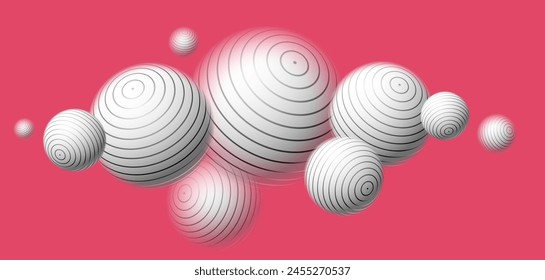 Blurred spheres over red vector abstract background, defocused balls levitating wallpaper.