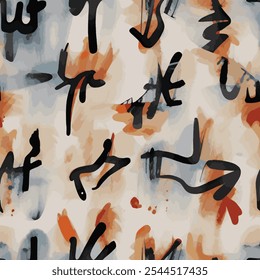 blurred spots in shades of blue and orange and various abstract brushstrokes in black in the foreground