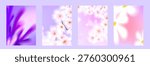 Blurred spring flowers on gradient pastel background. Vector realistic illustration of beautiful floral poster designs set, delicate pink and purple watercolor flowers, botanical greeting card motifs