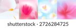Blurred spring flowers set. Macro flowers. White, pink, blue soft colors. Blurry landscape with plants. Design for card, invitation, cover, post. Place for text.