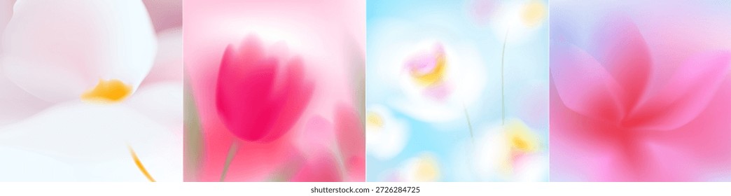 Conjunto de flores de primavera borrosas. Macro flores. Colores suaves blancos, rosados, azules. Paisaje borroso con plantas. Diseño para tarjeta, invitación, cubierta, correo. Lugar para el texto.