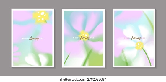 Blurred spring flowers set. macro flowers. blurred gradient ethereal flowers. macro flowers. 8 March greeting card. spring blooming field. horizontal natural landscape. nature background.