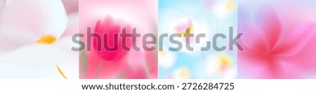 Blurred spring flowers set. Macro flowers. White, pink, blue soft colors. Blurry landscape with plants. Design for card, invitation, cover, post. Place for text.
