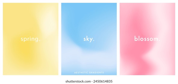 Blurred spring gradient background. Summer yellow, blue, pink pastel colored banner. Simple soft light background. Vector aesthetic springtime set