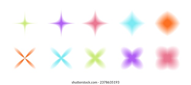 Blurred star set. Colorful y2k shapes collection. Abstract retro graphic design elements