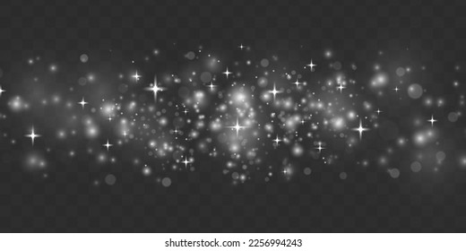 Blurred star sparkles on transparent background. Abstract lights blur bokeh effect. Lens flare light sparkles or shiny glittering glowing stars for design. Defocused Xmas white sparks dust. Vector.