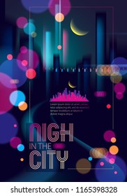 Blurred street lights, urban abstract background. Effect vector beautiful art. Big city nightlife. Blur colorful dark background with cityscape, buildings silhouettes. Brochure, flyer, cover, poster