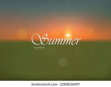 Borroso fondo de verano, abstracto vista de la pradera de verano con el amanecer en el horizonte. Ilustración vectorial