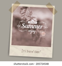 Blurred summer background in brown tones and sepia on a postcard or photo stuck on transparent tape 