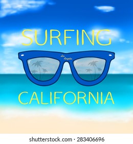 Blurred summer background with glasses. Abstract vector summer background on a sea subject.