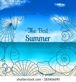 Blurred summer background with seashells and starfishes. Abstract vector summer background on a sea subject.