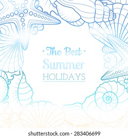 Blurred summer background with seashells and starfishes