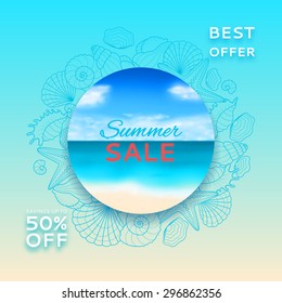 Blurred summer banner of sale with seashells and starfishes. Vector summer background on a sea subject.