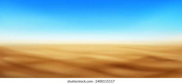 Blurred summer beach background. Vector realistic illustration of sandy island coast with sparkling particles, blue sea or ocean water, sunny sky on horizon, desert backdrop, holiday resort ad banner