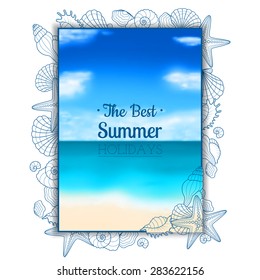 Blurred summer flyer with seashells and starfishes. Abstract vector summer background on a sea subject. Poster template for your business.