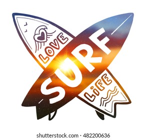 Blurred sunset colors vector crossing surfing boards silhouettes with hand drawn sign Love SURF Life
