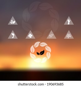 Blurred sunset sky background. Website and mobile template. Nature, ecology, environment, travel or vacation design. Nature protection concept and symbols.