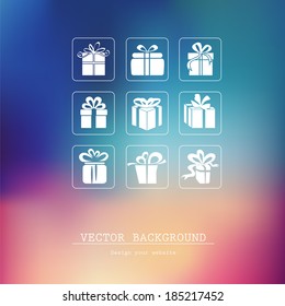 Blurred template, holiday. Vector Gift Box Icons.