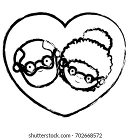 blurred thick contour of heart shape greeting card with caricature face of bearded grandfather with glasses and grandmother with bun hair vector illustration