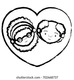 blurred thick contour of heart shape greeting card with caricature face of grandmother with curly hair and bald grandfather vector illustration
