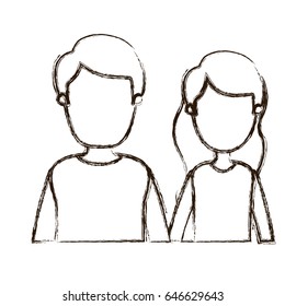 blurred thick silhouette caricature faceless half body couple woman with long wavy hair and man vector illustration