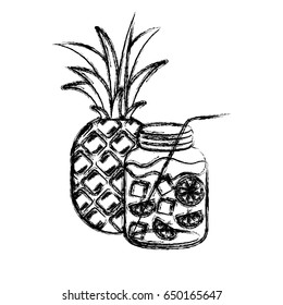 blurred thick silhouette of pineapple fruit and bottle with citrus drink vector illustration