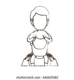 blurred thin contour caricature faceless front view half body bearded father with boy on his back vector illustration