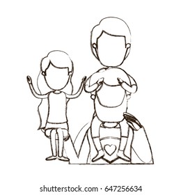 blurred thin contour caricature faceless half body super dad hero with girl on his hand and boy on his back vector illustration