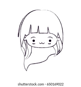 blurred thin silhouette of kawaii head little girl with long hair and facial expression exhausted vector illustration