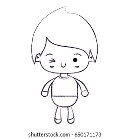 blurred thin silhouette of kawaii little boy winking eye vector illustration