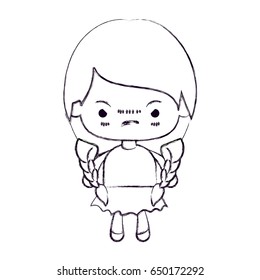 blurred thin silhouette of kawaii little girl with braided hair and facial expression angry vector illustration