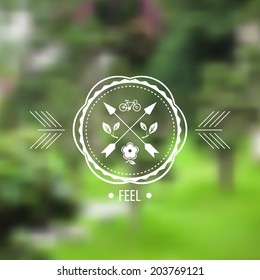 Blurred trees and hipster badge, label on the background of nature view. Web,mobile interface template, website template. Blur backdrop and badge with cycle,leaves. Ecological and green. Vector