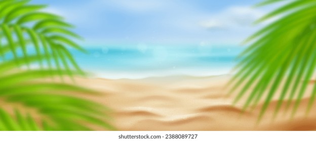 Blurred tropical summer beach background. Vector realistic illustration of sandy sea coast with sparkling particles, blue ocean water and sunny sky, exotic palm tree leaves, holiday resort ad banner