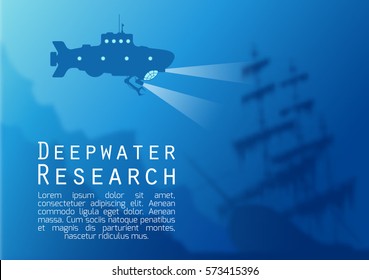 Blurred underwater background with blue submarine silhouette and old sunken ship. Vector illustration.
