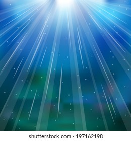Blurred underwater background with rays of light and air bubbles vector illustration