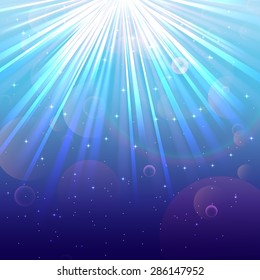 Blurred underwater background with rays of light  blue sea and air bubbles. vector